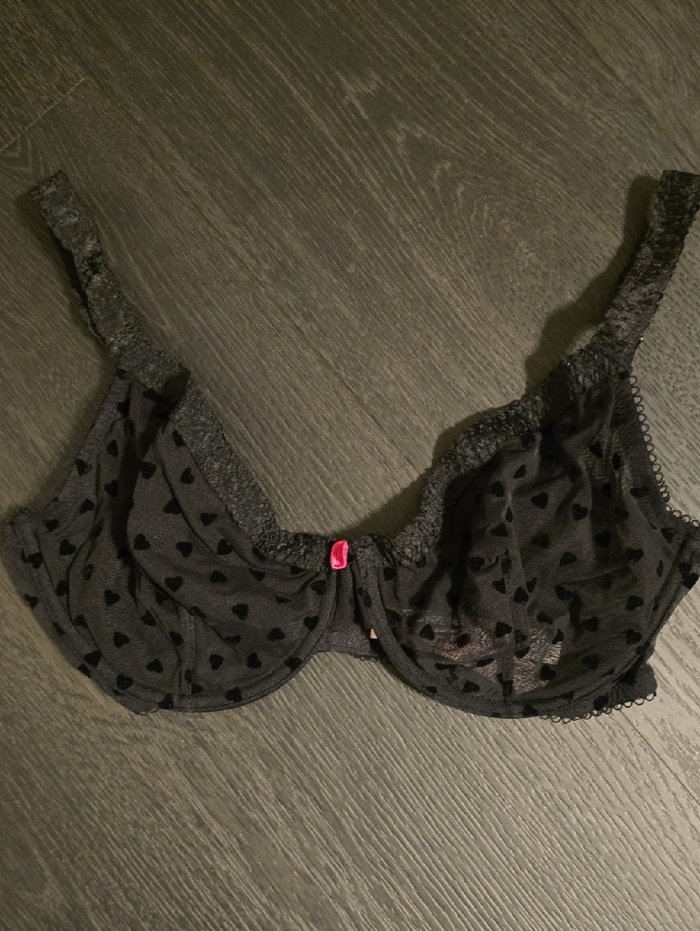 TEASE - Victoria's Secret Black Sheer Heart-Mesh Underwire Bra with Pink Accent